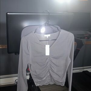 Buckle Gray Long Sleeve Top with Lace Hem